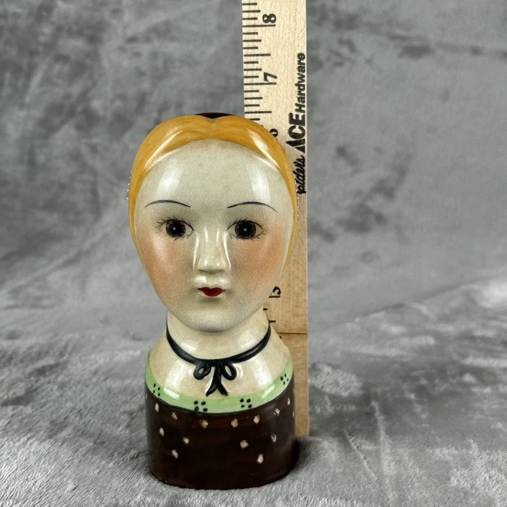 Vintage Ceramic Lady Head Wall Pocket Vase Planter Blonde Woman Polka Dot Dress